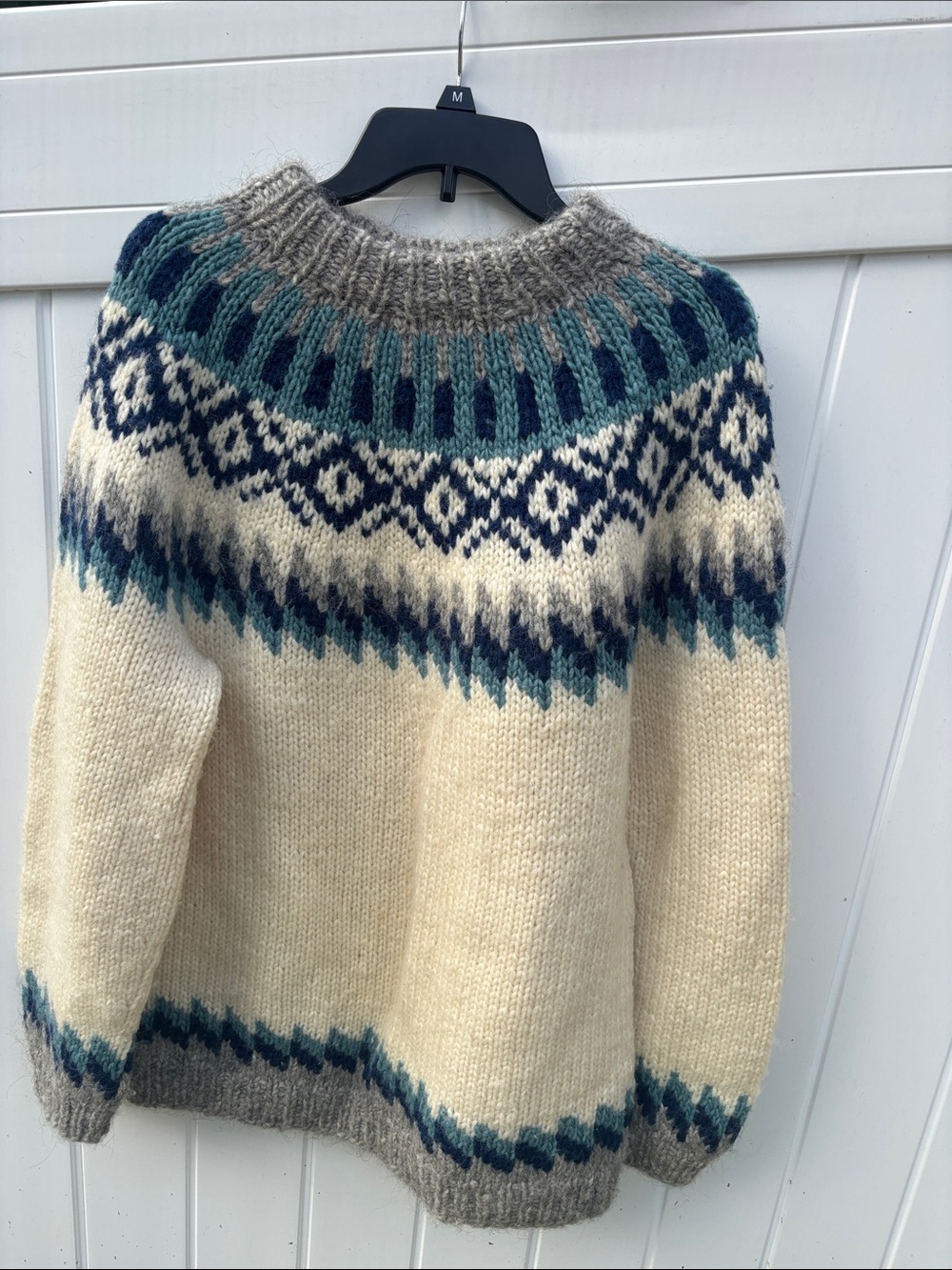 Vintage Hilda Men's Cream Fair Isle Crewneck Sweater with Teal and Navy Accents